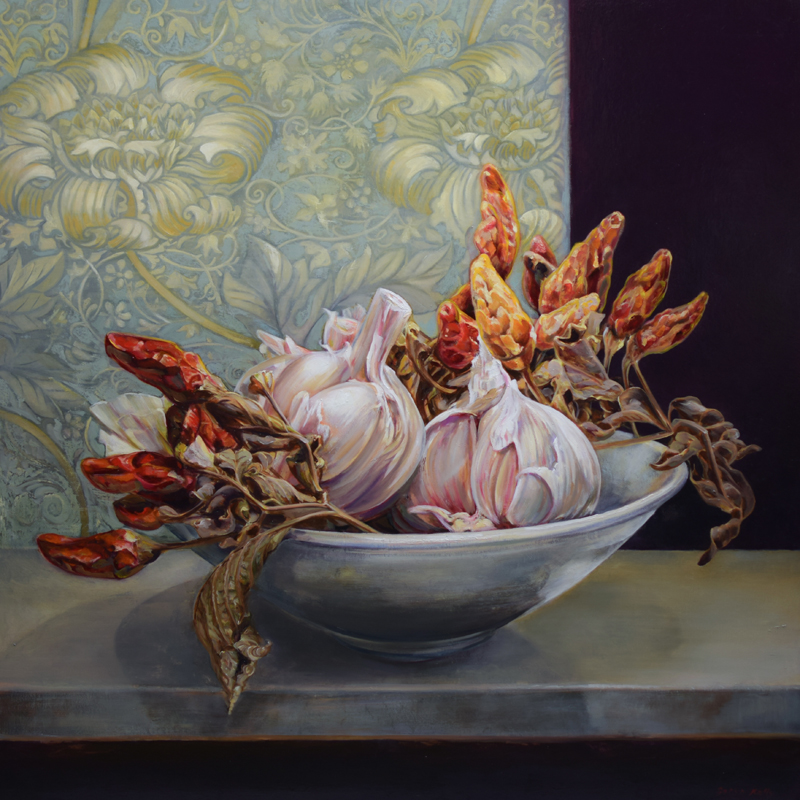 Red Chilli, Rose Garlic 91x91cm oil on canvas Finalist EMSLA Prize 2015 Coffs Harbour Regional Gallery